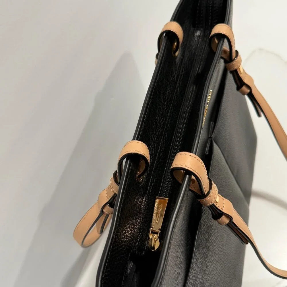 Michael Kors Bedford Pebbled Leather Pocket Tote Handbag Black Tan Straps Travel - Picture 5 of 12
